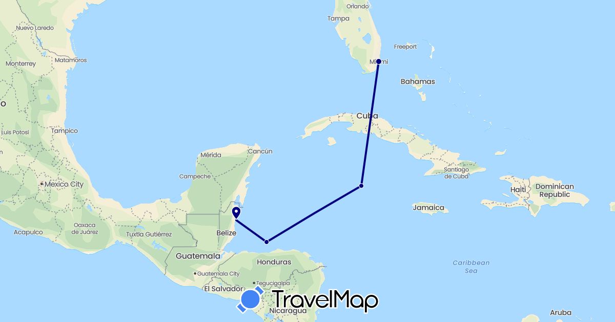 TravelMap itinerary: driving in Belize, Honduras, Cayman Islands, United States (North America)